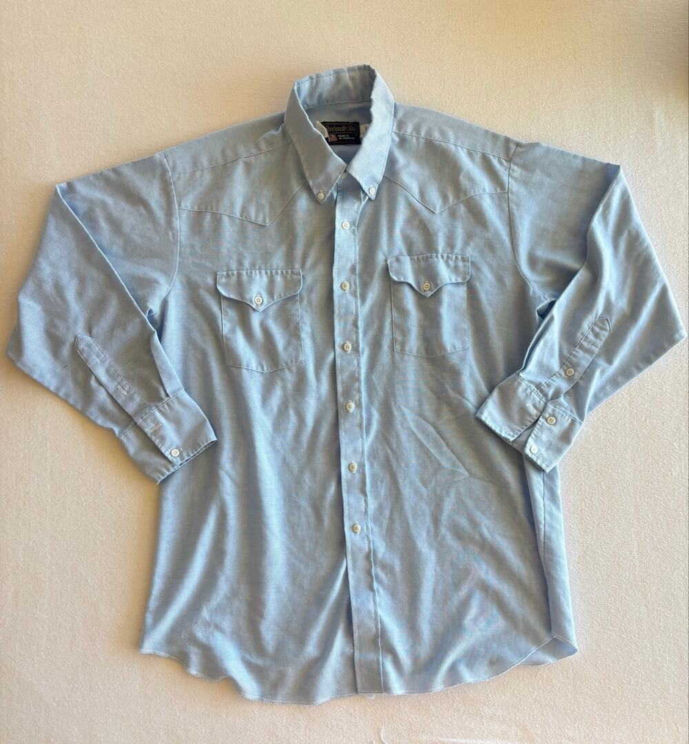 Vintage 70s Panhandle Slim Button Up Dress Shirt Western Men’s 17-34 Blue USA